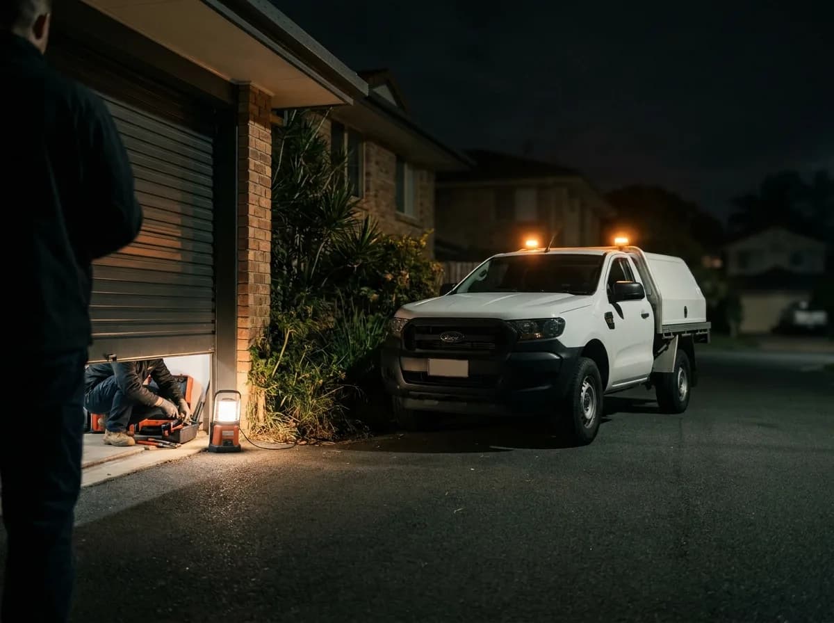 24/7 Emergency Garage Door Service in Brisbane — Door stuck open at midnight? Car trapped inside? We answer around the clock.